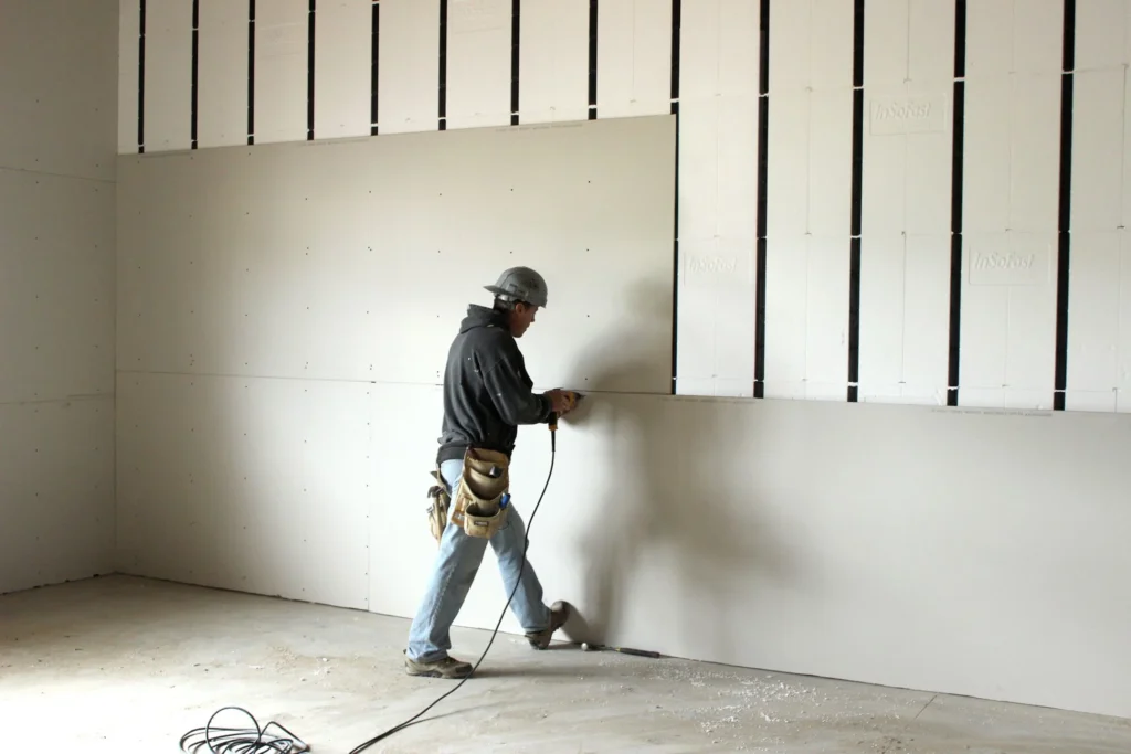 Commercial drywall installer securing large gypsum wall panels during interior construction and wall system installation.