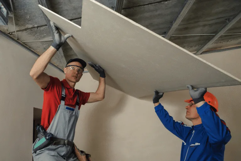 Professional drywall installers lifting and positioning ceiling drywall panels during commercial interior construction and ceiling installation.