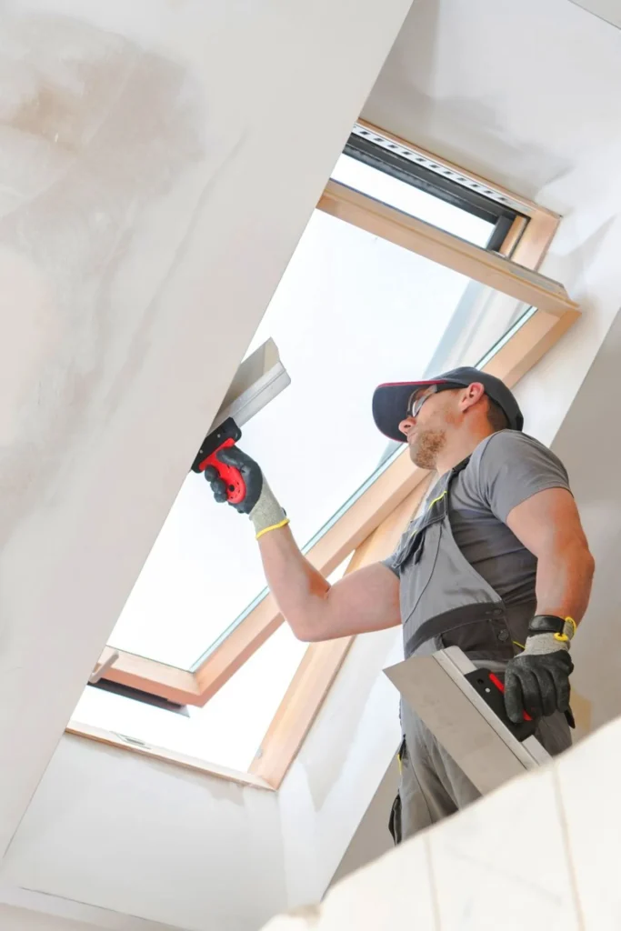 Drywall finisher applying joint compound around a skylight during interior wall finishing.
